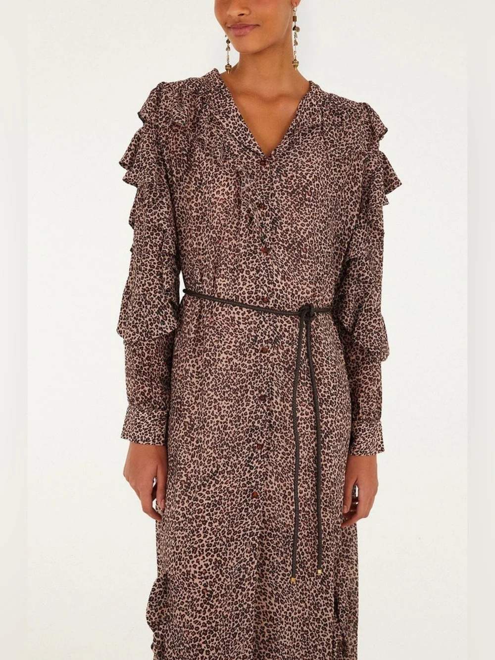 FARM RIO /Baby Leopard Long Ruffle Sleeve Maxi Shirt Dress - Sz. L - Picture 2 of 16